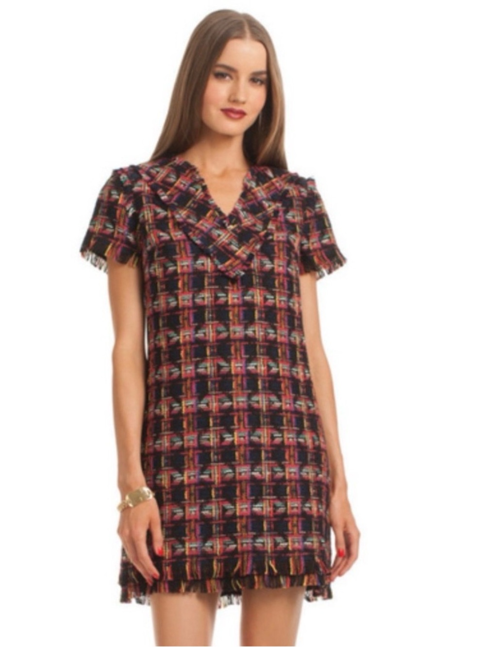 Trina Turk Leann Tweed Fringe Dress 0 Pink Black Print Short Sleeve Womens